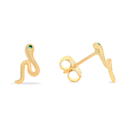 Aros Enchapado en Oro Diseño Serpiente con Ojo de Circón Verde
