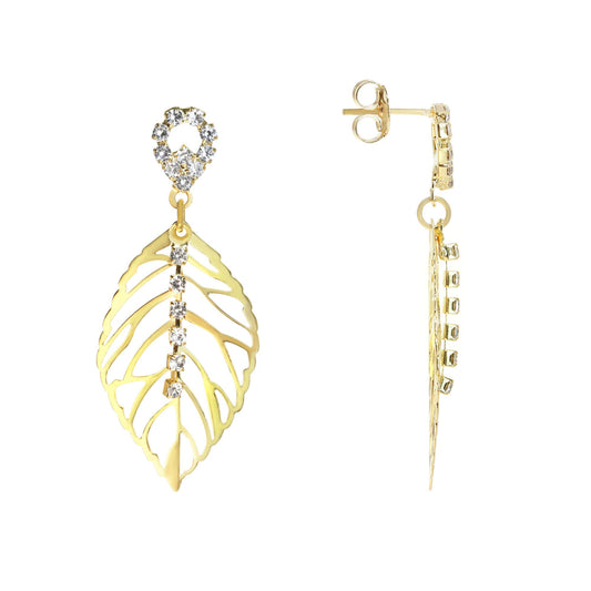 Aros Enchapado en Oro Gota Calada de Circones con Hoja Colgante