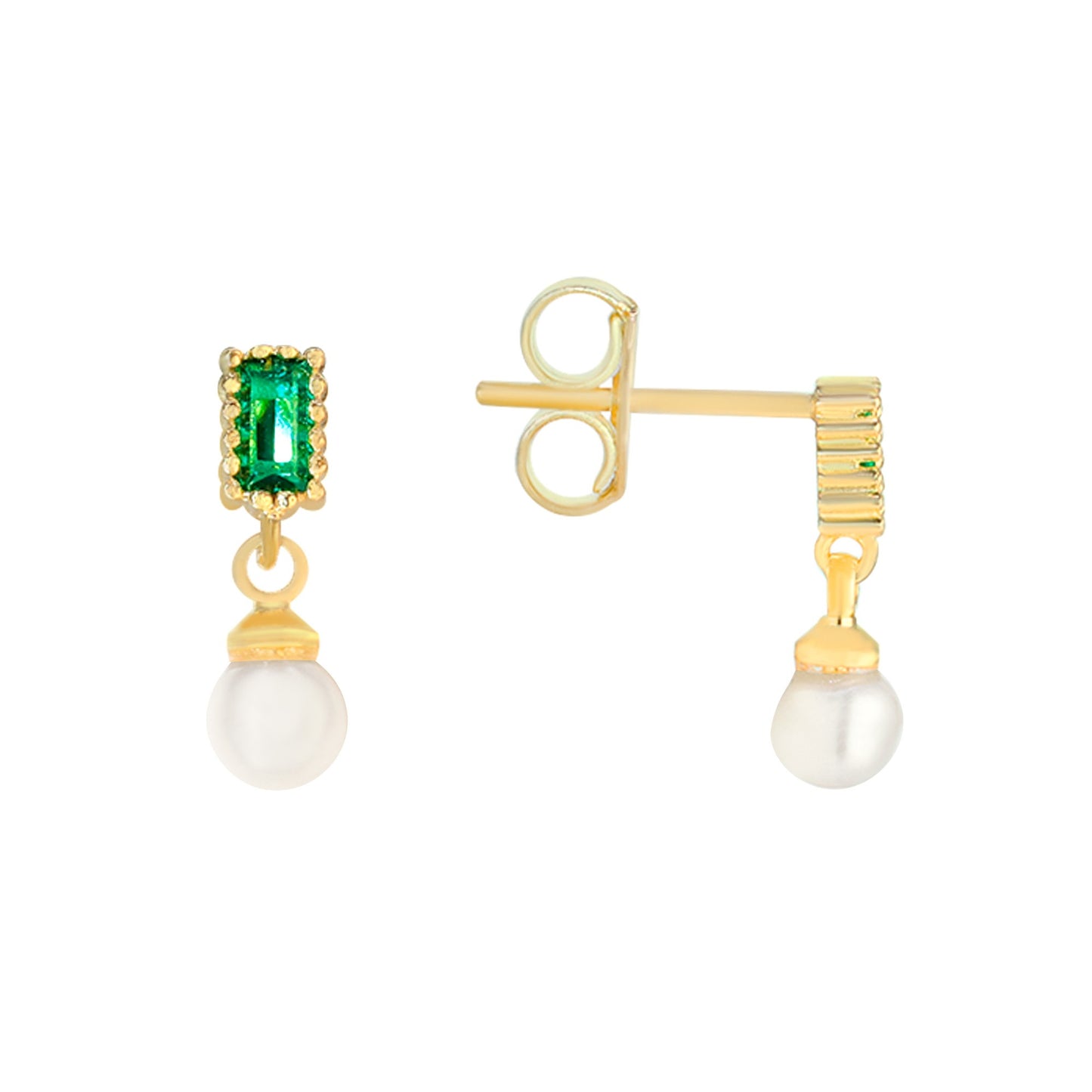 Aros Enchapados en Oro Diseño Rectangular Verde con Perla Imitación