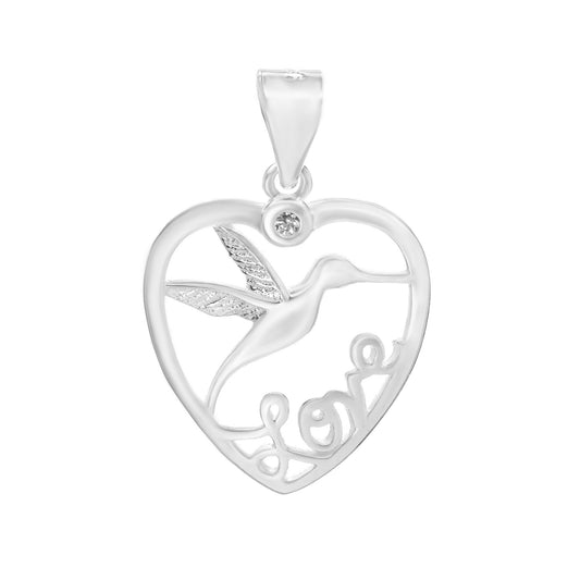 Colgante de Plata 925 Corazón Calado con Colibrí " Love " y circón