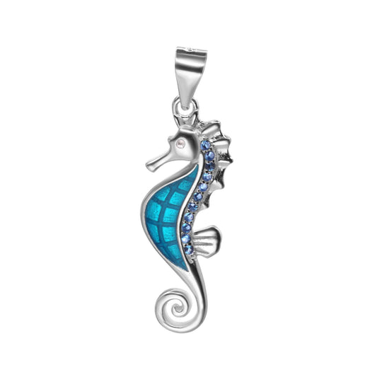 Colgante de Plata 925 Diseño Caballito de Mar con Circones y Colores Marinos