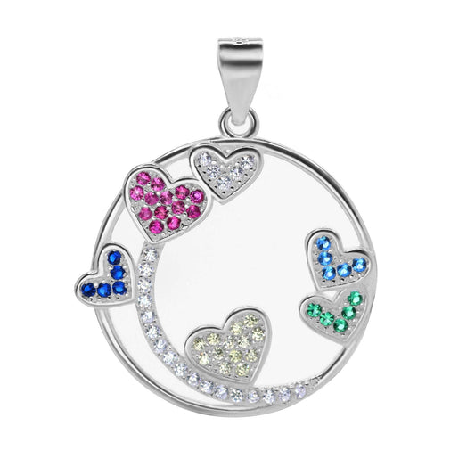 Colgante de Plata 925 Diseño Circular Calado con Corazones de Circones de Colores