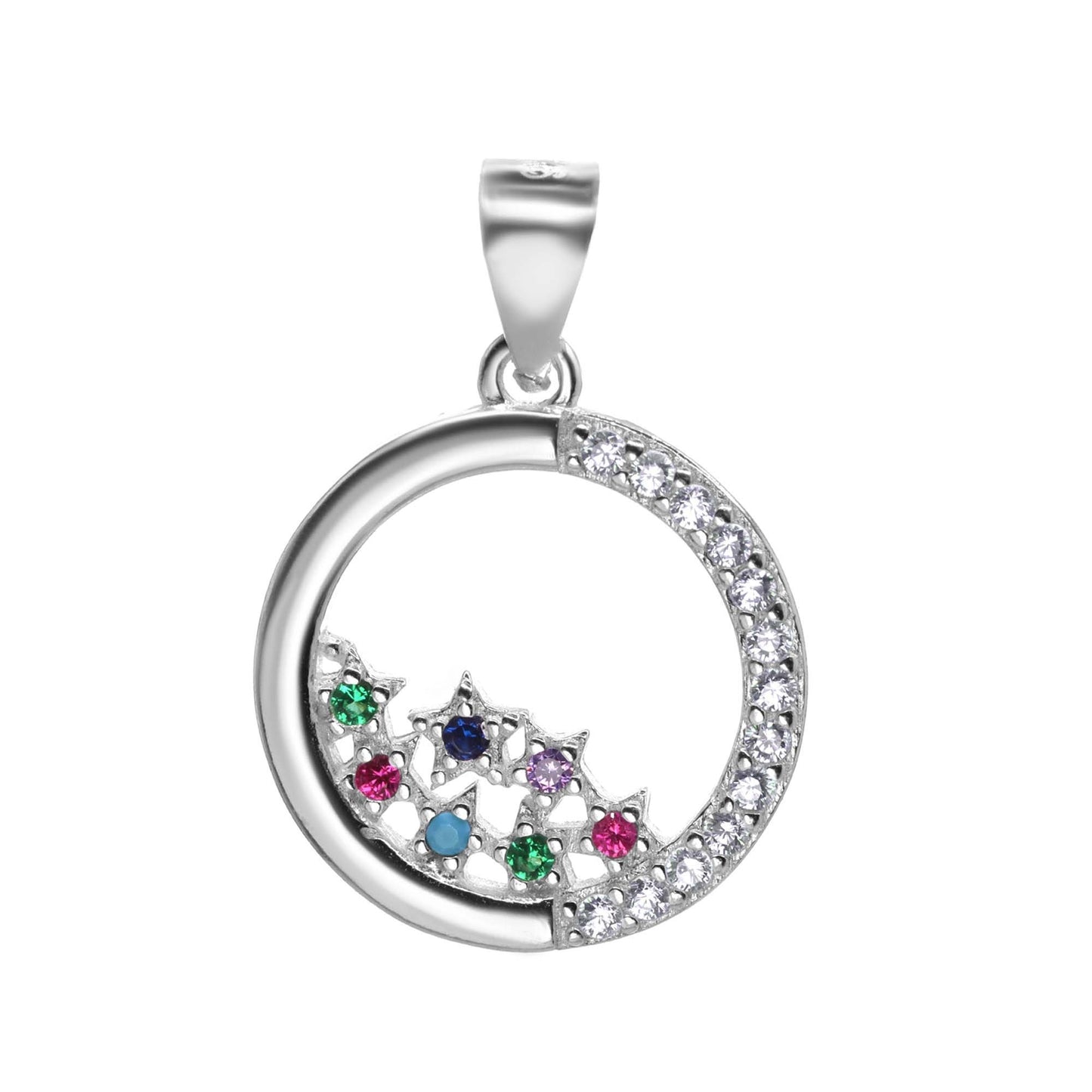 Colgante de Plata 925 Diseño Circular Calado con Estrellas de Circones de Colores