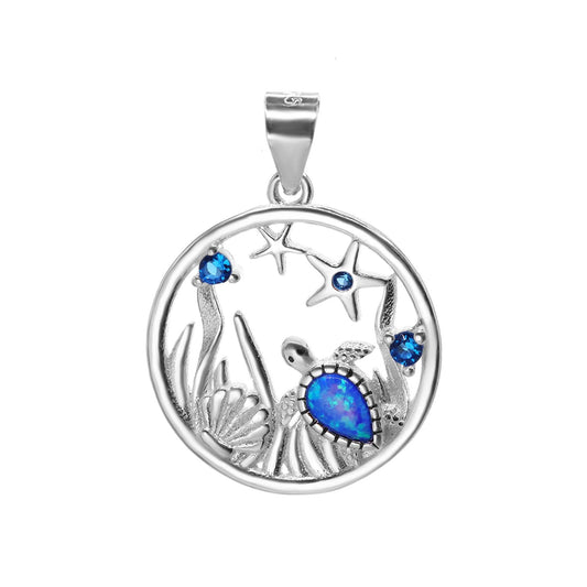 Colgante de Plata 925 Diseño Circular Marino con Circones y Tortuga con Ópalo