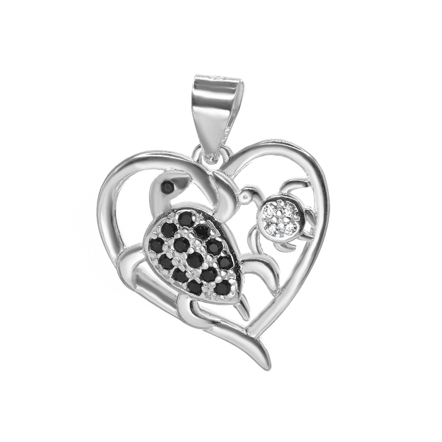 Colgante de Plata 925 Diseño Corazón Calado con Tortugas con Circones Negros y Tradicionales