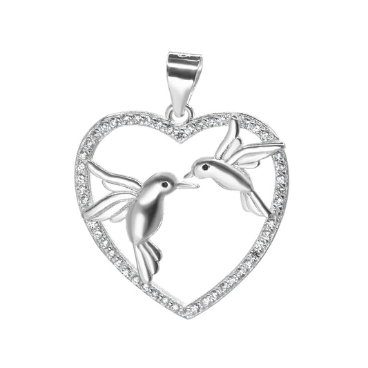 Colgante de Plata 925 Diseño Corazón de Circón Calado con Pareja de Colibrí