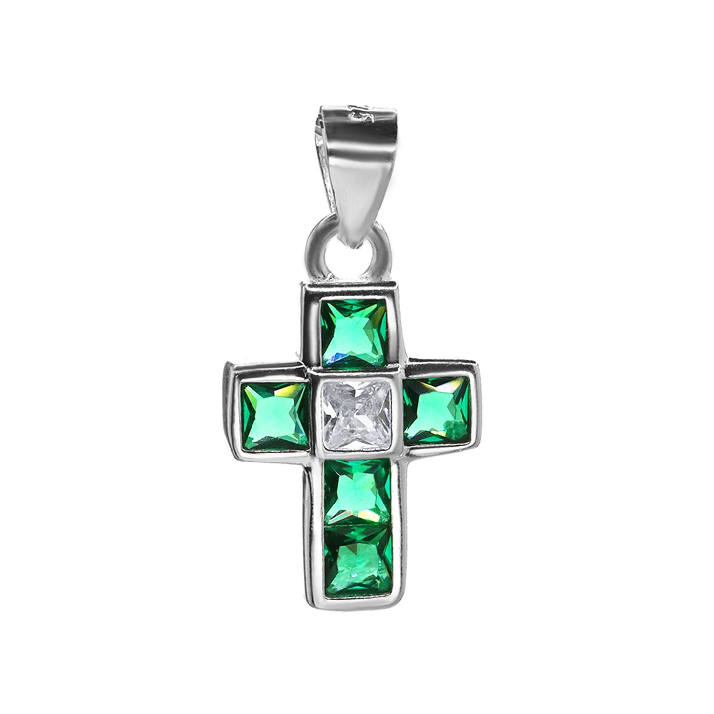 Colgante de Plata 925 Diseño Cruz de Circones Esmeralda y Tradicional