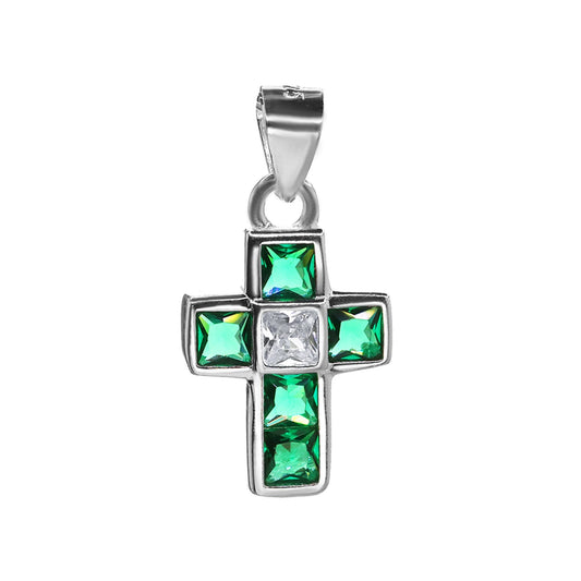 Colgante de Plata 925 Diseño Cruz de Circones Esmeralda y Tradicional