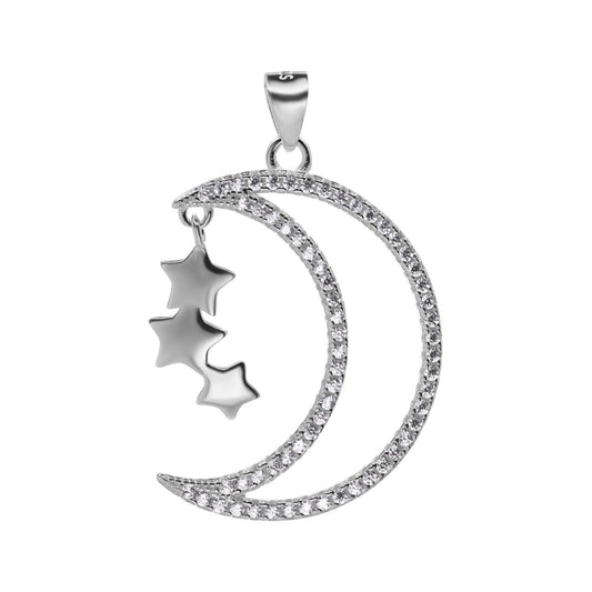 Colgante de Plata 925 Diseño Luna Calada de Circones con Trío de Estrellas Colgantes