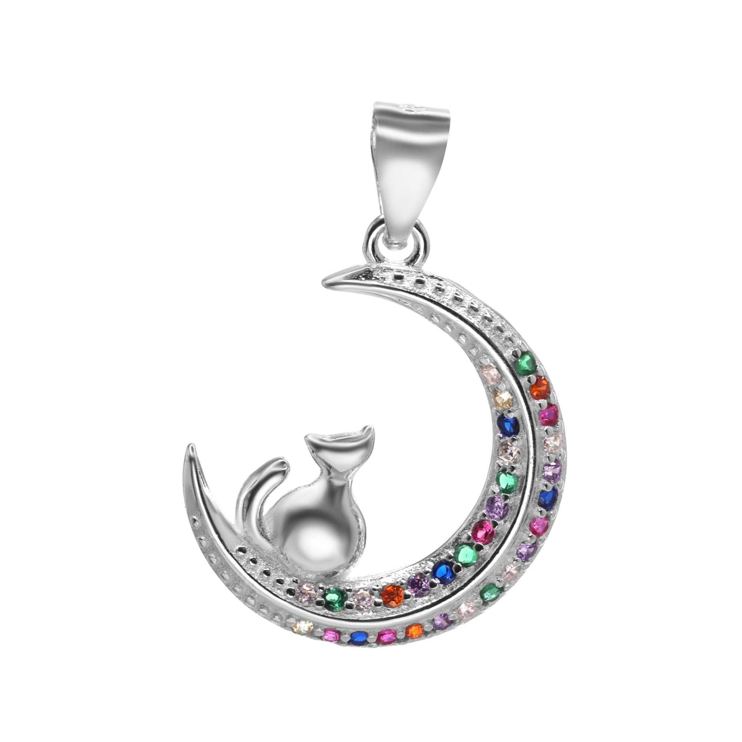 Colgante de Plata 925 Diseño Luna de Circones de Colores con Silueta de Gato