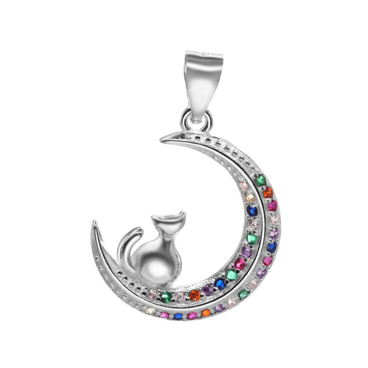 Colgante de Plata 925 Diseño Luna de Circones de Colores con Silueta de Gato