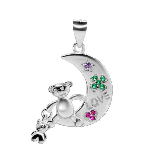 Colgante de Plata 925 Diseño Luna " Love " con Circones de Colores y Osos