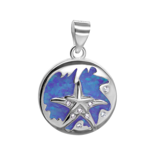 Colgante de Plata 925 Diseño Mariño Circular de Ópalo con Estrellas de Mar Circones
