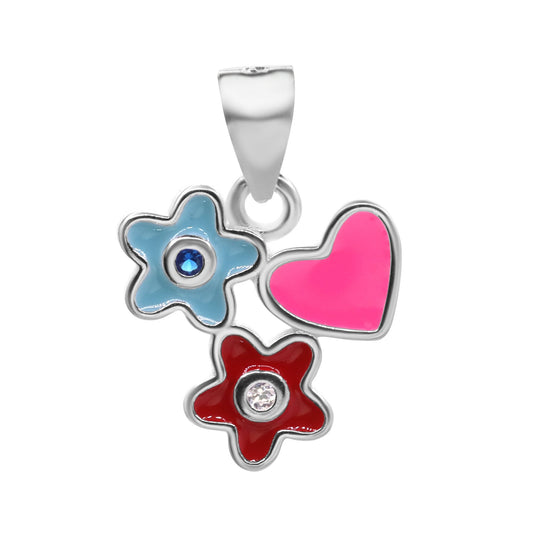Colgante de Plata 925 Flores y Corazón Esmaltados con Mini Circones