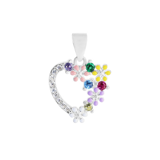 Colgante de Plata 925 Relieve Corazón con Circones y Flores Esmaltadas