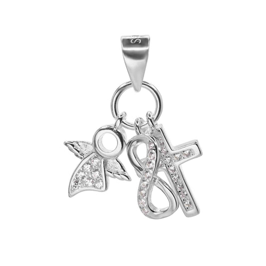 Colgante de Plata 925 Triple Figuras con Circón Cruz, Infinito y Ángel