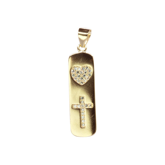 Colgante Enchapado en Oro Placa Corazón y Cruz con Microcircones