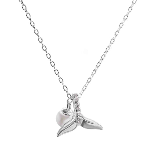 Collar de Plata 925 Diseño Cola de Ballena con Serie de Circones y Perla Imitación