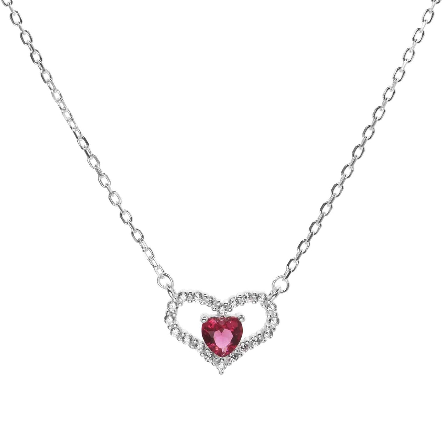 Collar de Plata 925 Diseño Corazón Calado con Circones y Corazón Circón Rubí