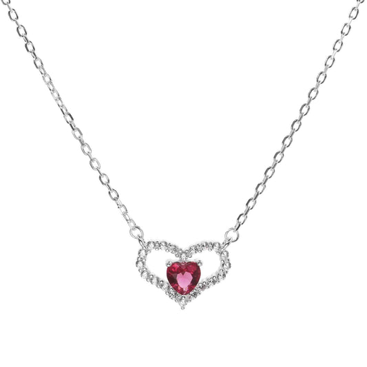 Collar de Plata 925 Diseño Corazón Calado con Circones y Corazón Circón Rubí