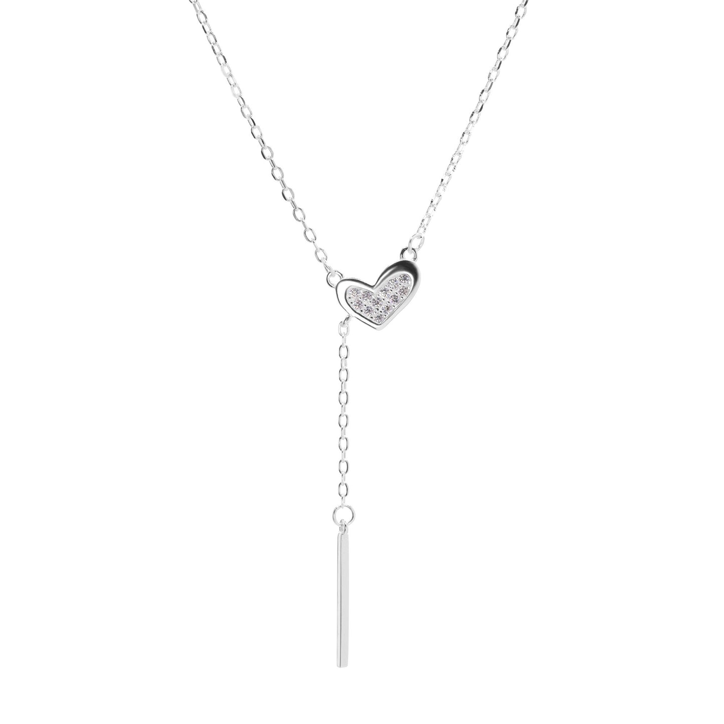 Collar de Plata 925 Diseño Corazón con Circones y Vara Lisa Colgante