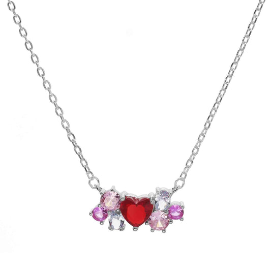 Collar de Plata 925 Diseño Corazón Rojo con Figuras de Circones de Colores
