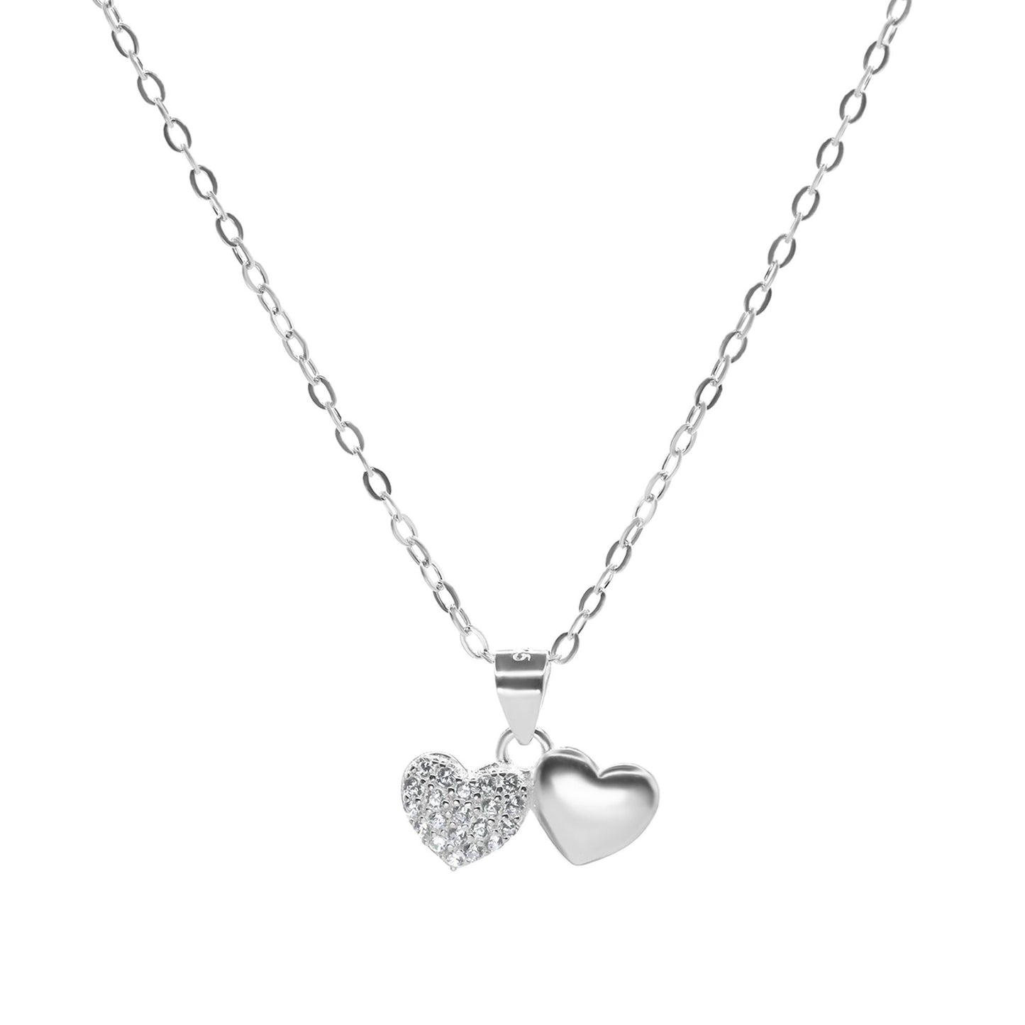Collar de Plata 925 Diseño Doble Corazón con Circones y Liso