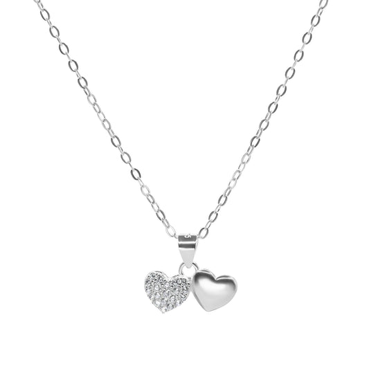 Collar de Plata 925 Diseño Doble Corazón con Circones y Liso