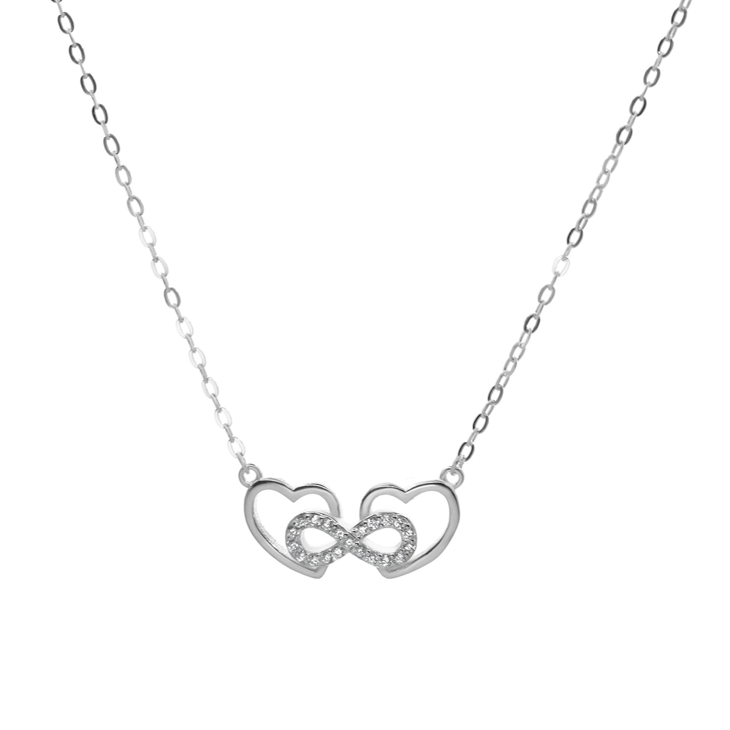Collar de Plata 925 Diseño Doble Corazón Enlazado con Infinito de Circones