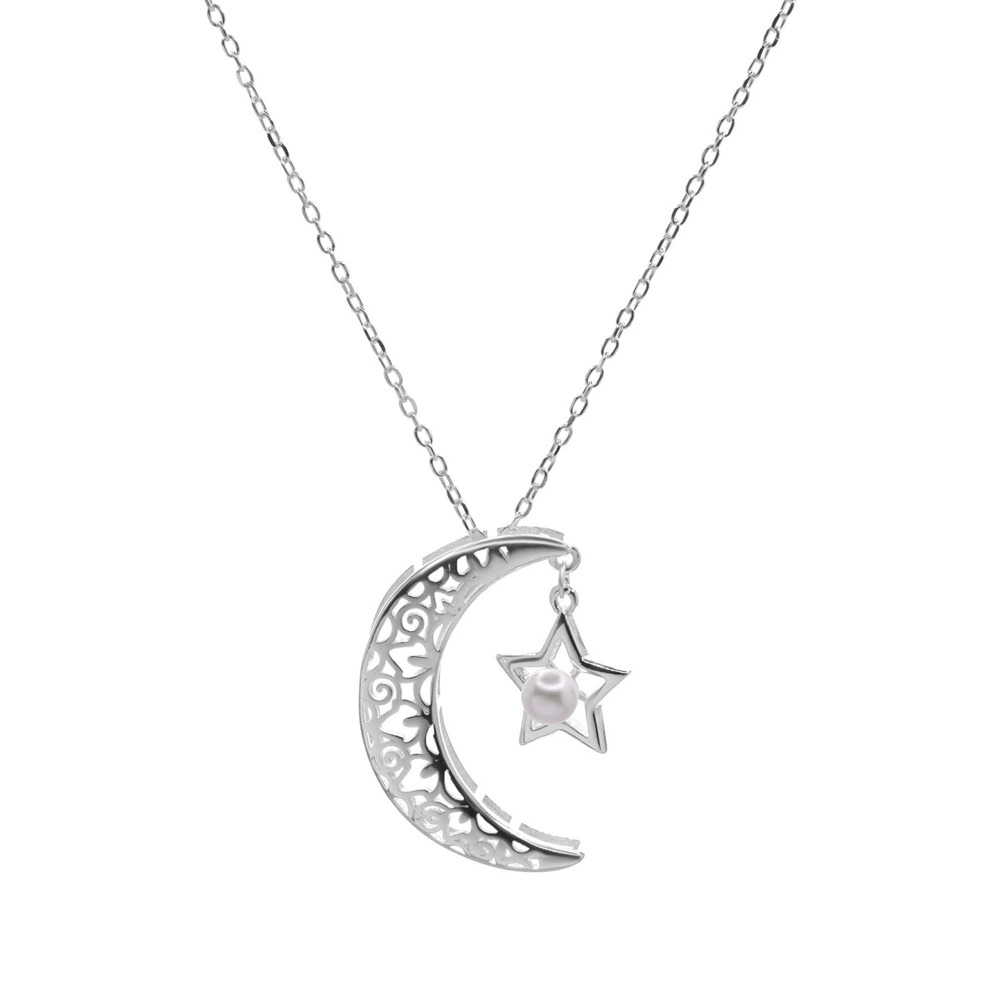 Collar de Plata 925 Diseño Luna con Relieves y Estrella Colgante con Perla Imitación