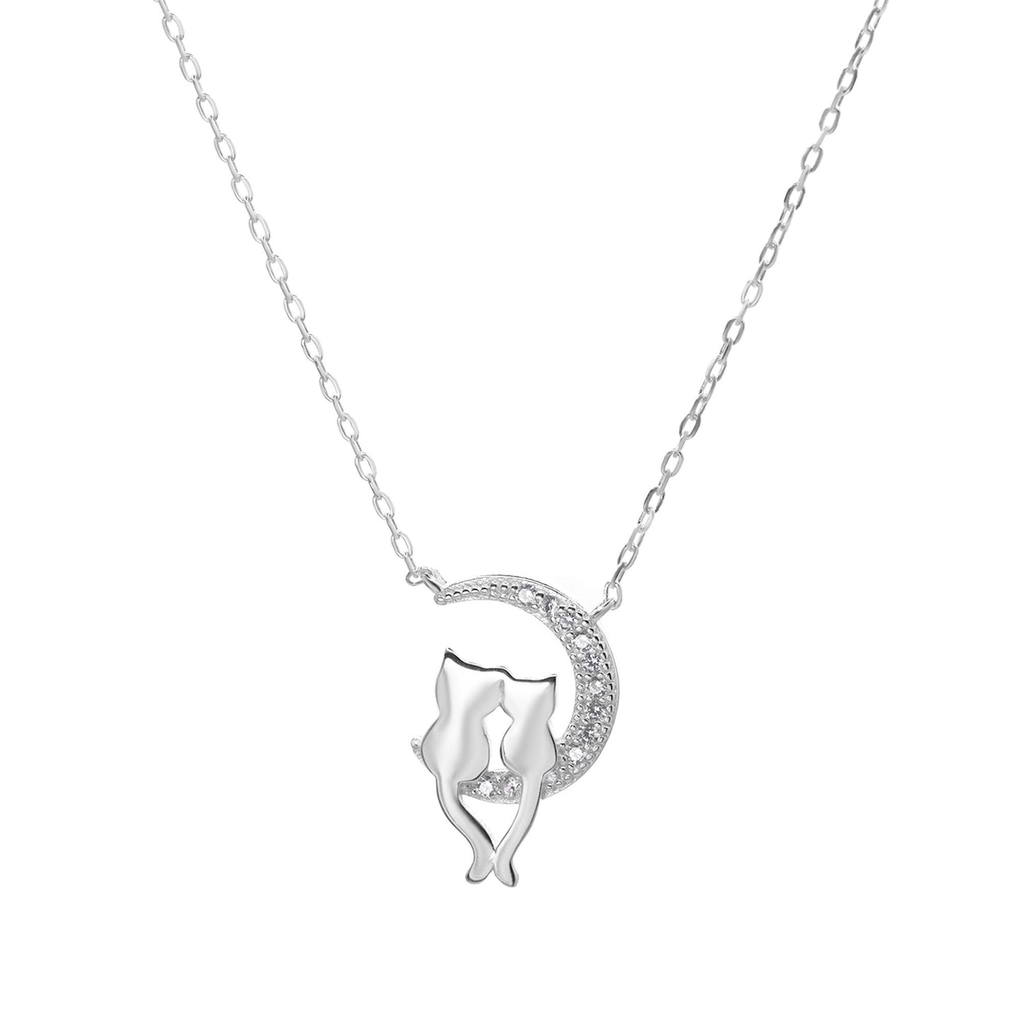Collar de Plata 925 Diseño Luna de Circones con Pareja de Gato