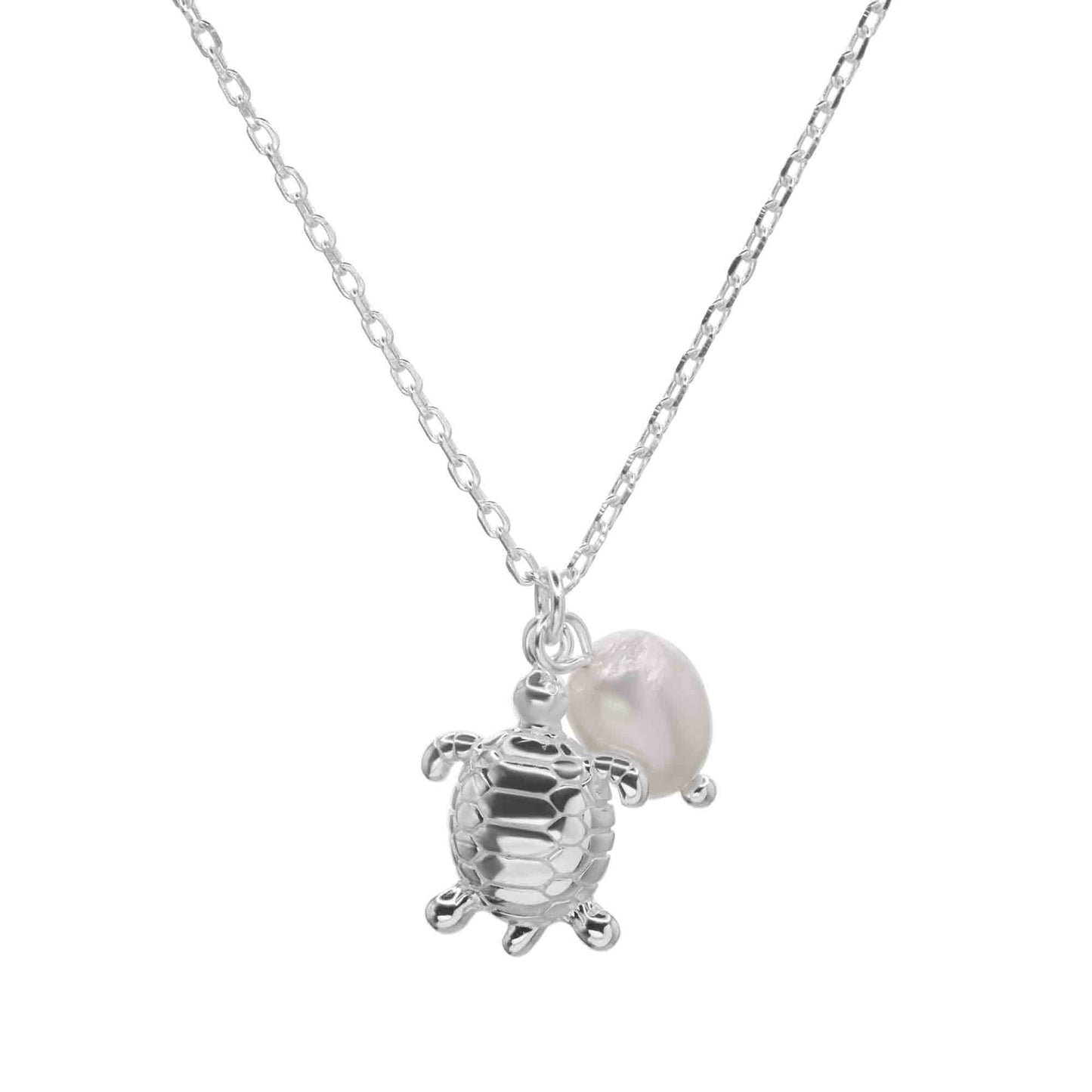 Collar de Plata 925 Diseño Tortuga Biselada con Perla de Río