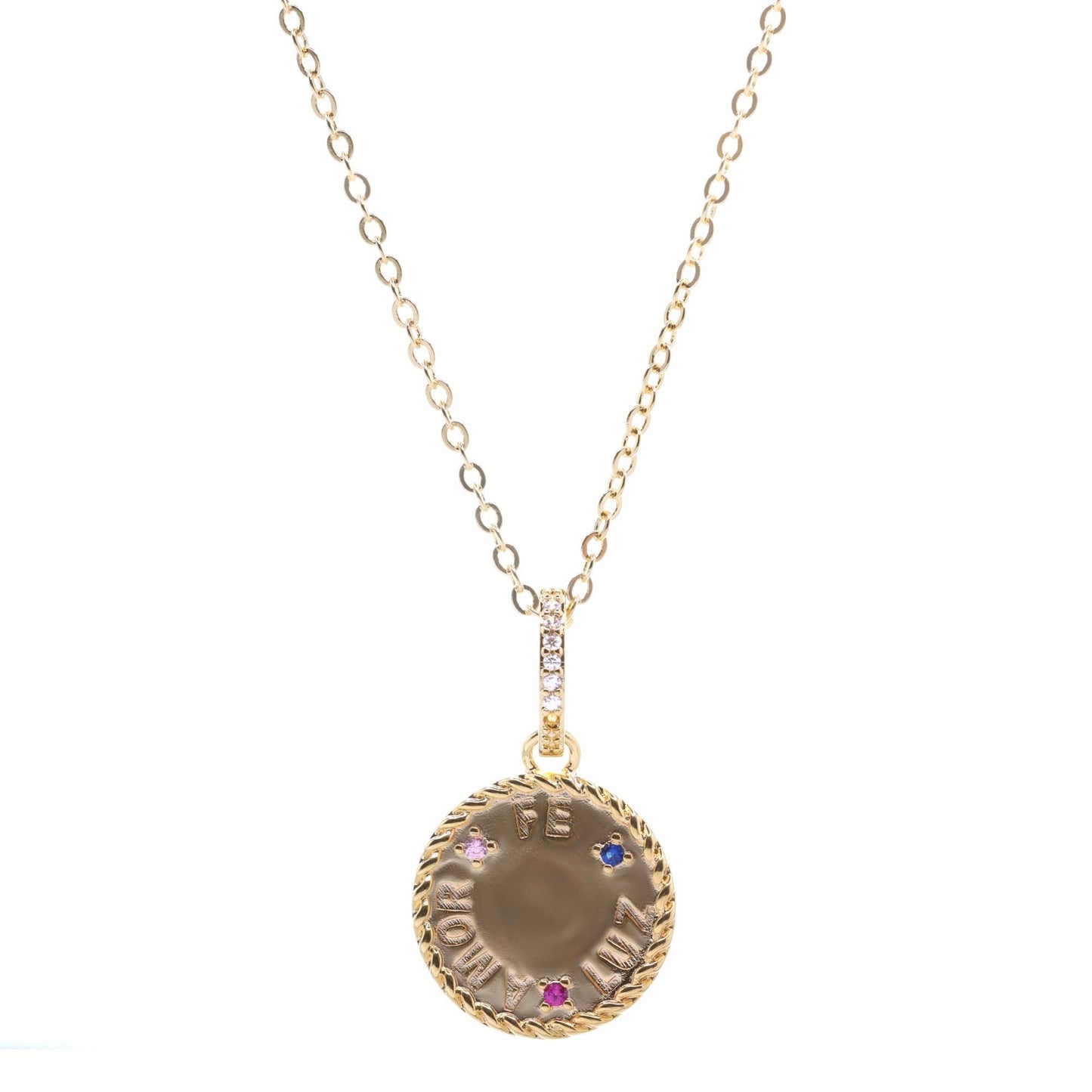 Collar Enchapado en Oro Diseño con Delicado Valier de Circones y Colgante Placa " AMOR , FE , LUZ "