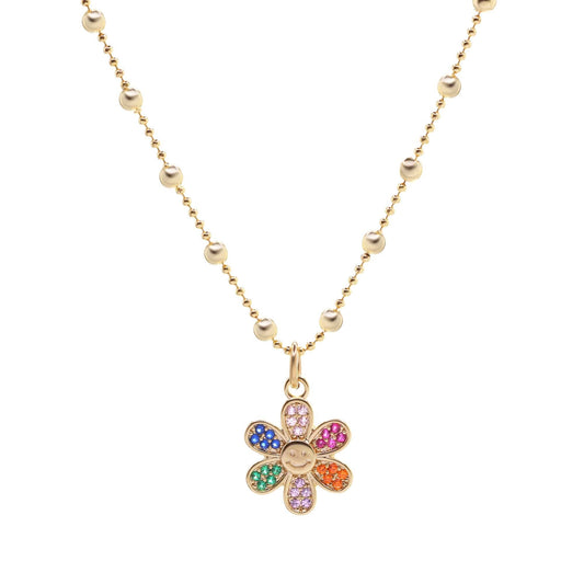 Collar Enchapado en Oro Diseño Esferas Lisas con Colgante Flor de Circones de Colores