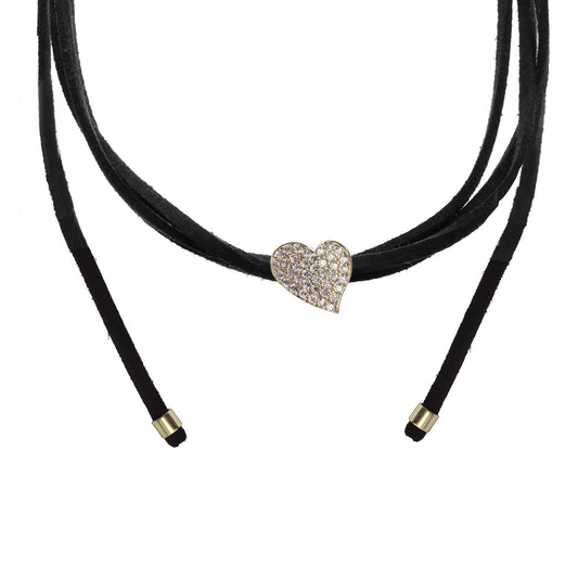 Collar Enchapado en Oro Gamuza Negra con Diseño Corazón con Circones