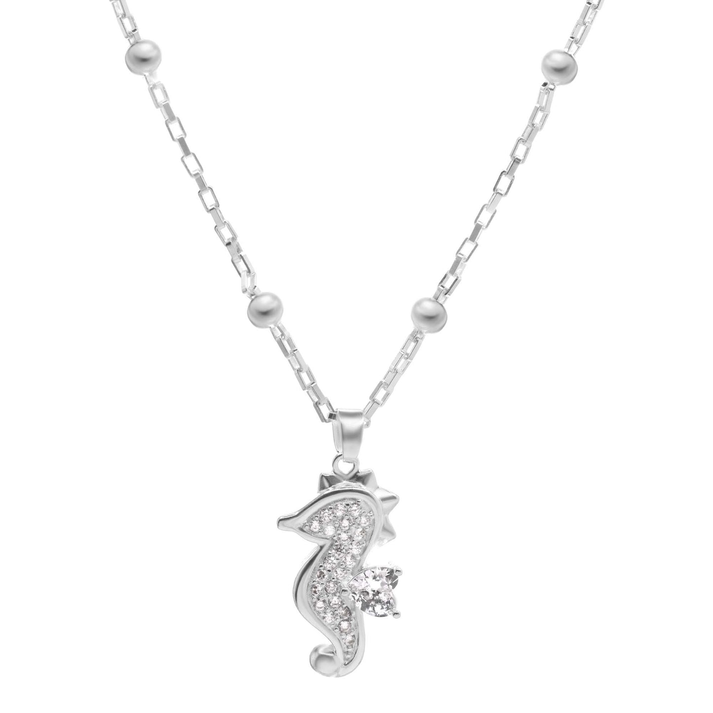 Collar Enchapado en Plata Diseño Cadena con Serie de Esferas Lisas y Caballo de Mar de Circones