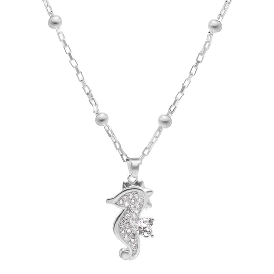 Collar Enchapado en Plata Diseño Cadena con Serie de Esferas Lisas y Caballo de Mar de Circones