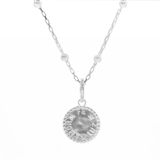 Collar Enchapado en Plata Diseño Esferas Lisas con Valier de Circones y Colgante Placa " AMOR , FE , LUZ  "