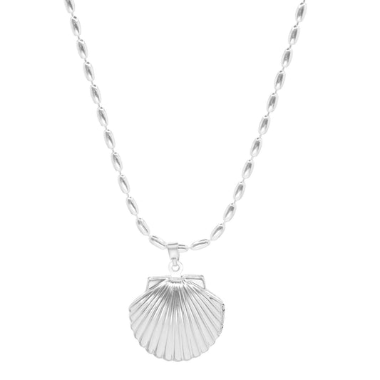 Collar Enchapado en Plata Diseño Marino Estilo Mostacilla Ovalada con Colgante Relicario de Concha