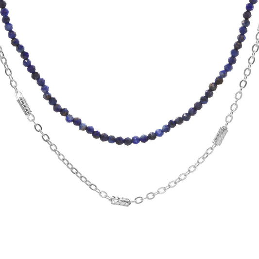 Collar Enchapado en Plata Doble Diseño , Cadena con Serie de Cilindros Biselados y Diseño Lapilázuli en Esferas