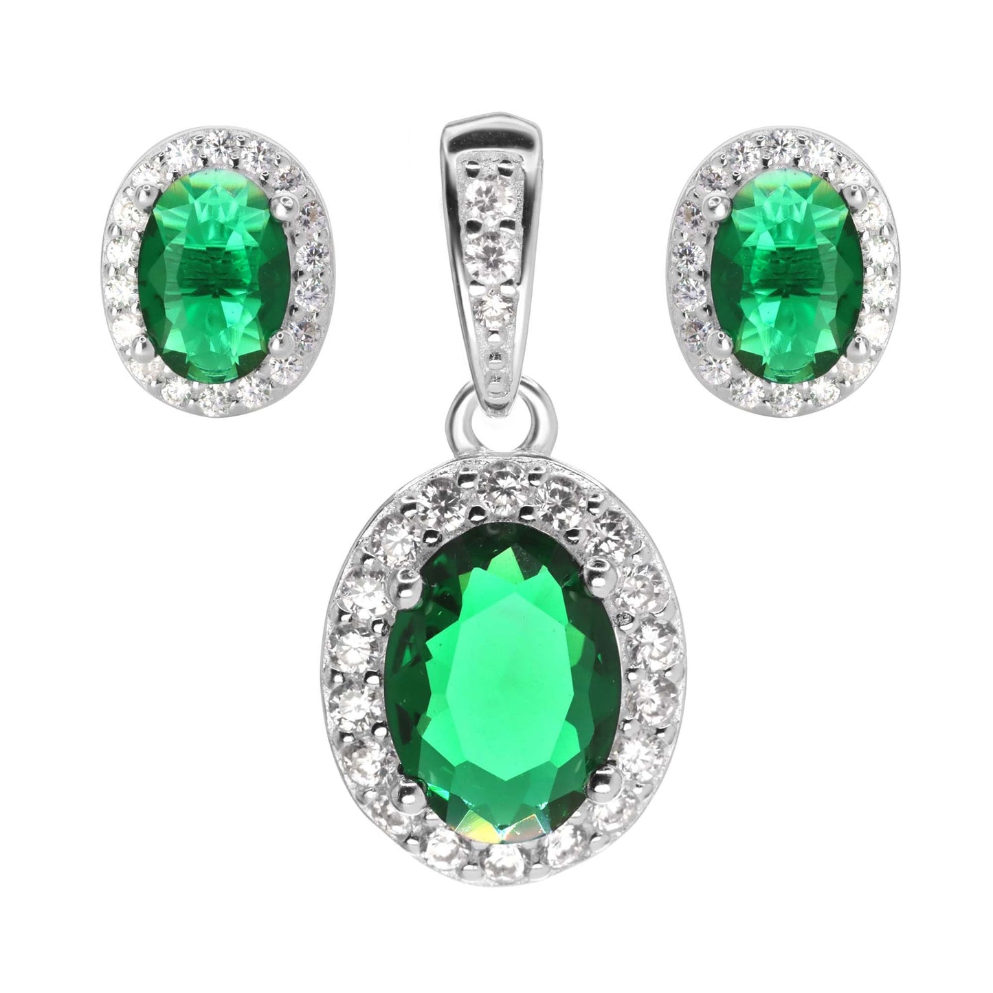 Conjunto de Plata 925 Circón Esmeralda con Contorno de Circones