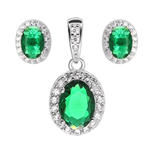 Conjunto de Plata 925 Circón Esmeralda con Contorno de Circones