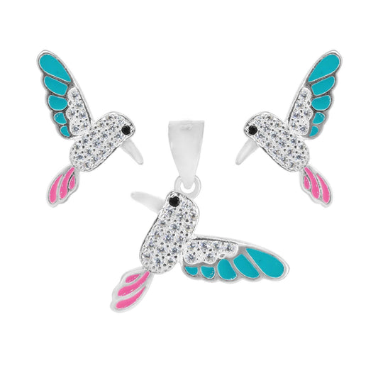 Conjunto de Plata 925 Colibrí Esmaltado de Colores y Circones