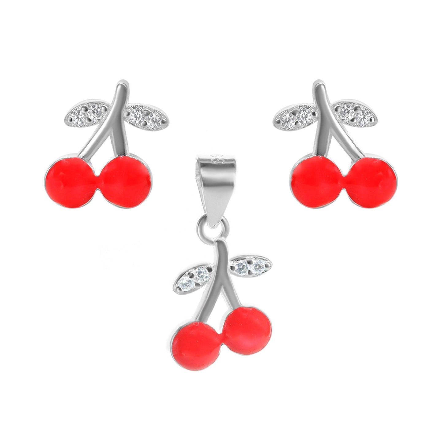 Conjunto de Plata 925 Diseño Cereza Esmaltada Color Rojo con Hojas de Circones