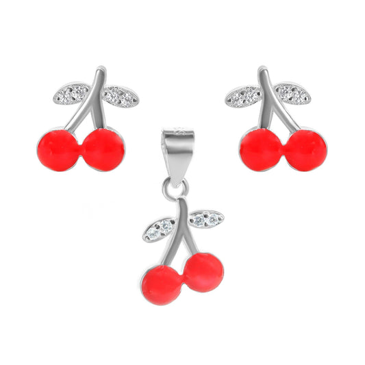 Conjunto de Plata 925 Diseño Cereza Esmaltada Color Rojo con Hojas de Circones