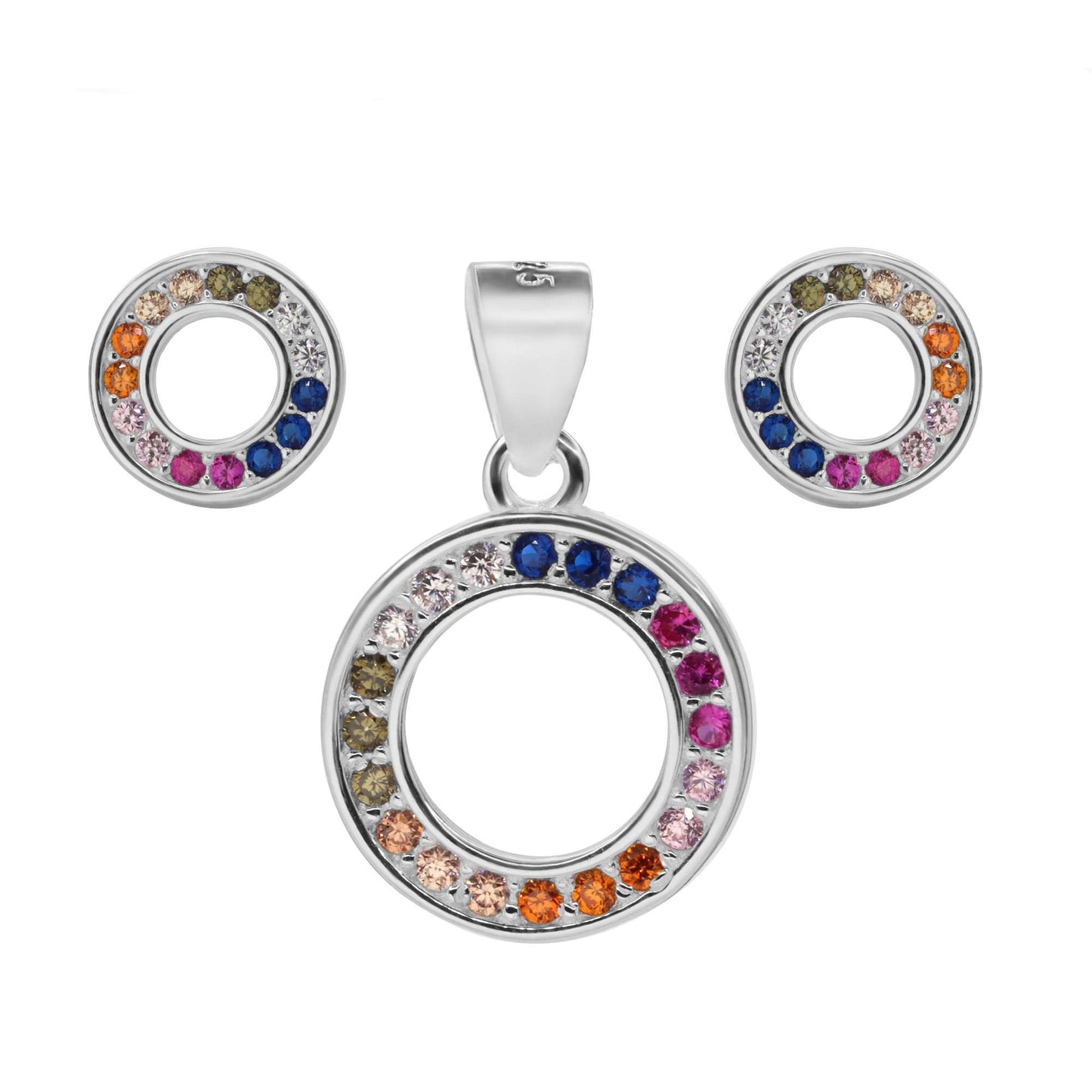Conjunto de Plata 925 Diseño Circular Con Circones de Colores