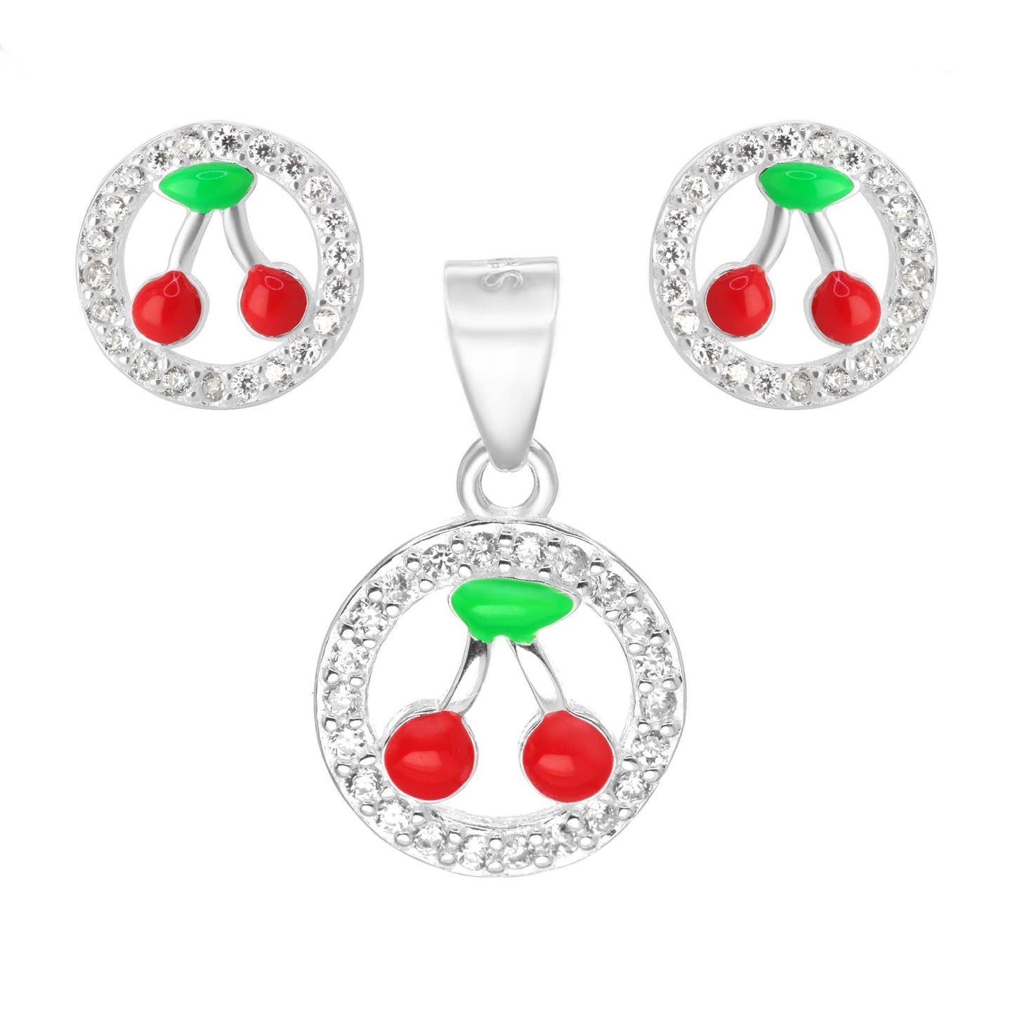 Conjunto de Plata 925 Diseño Circular de Circones con Cereza Esmaltada de colores