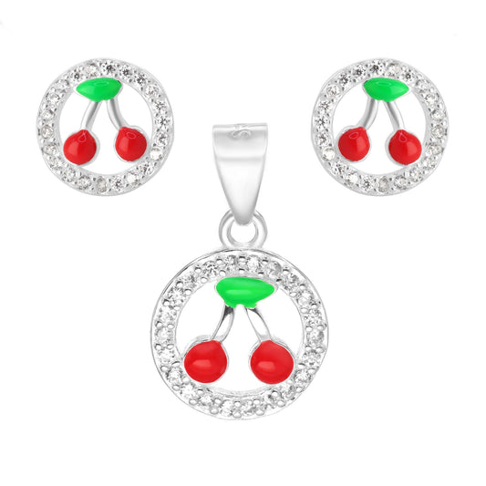 Conjunto de Plata 925 Diseño Circular de Circones con Cereza Esmaltada de colores
