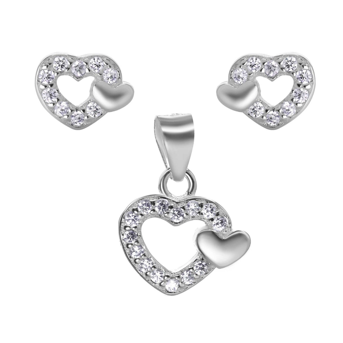 Conjunto de Plata 925 Diseño Corazón Circón y Pequeño Corazón Liso
