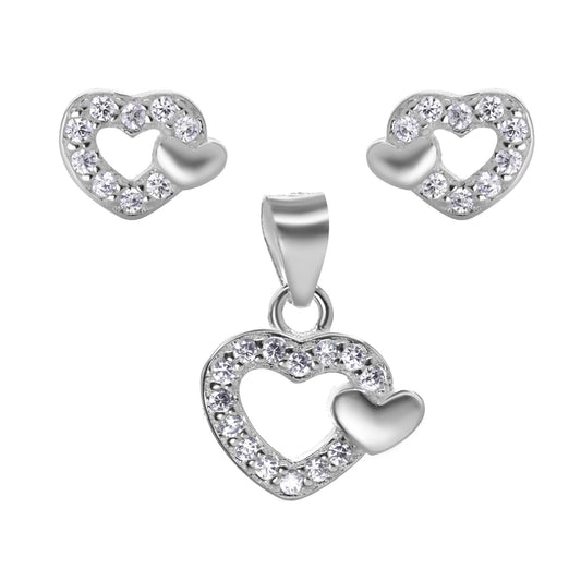 Conjunto de Plata 925 Diseño Corazón Circón y Pequeño Corazón Liso